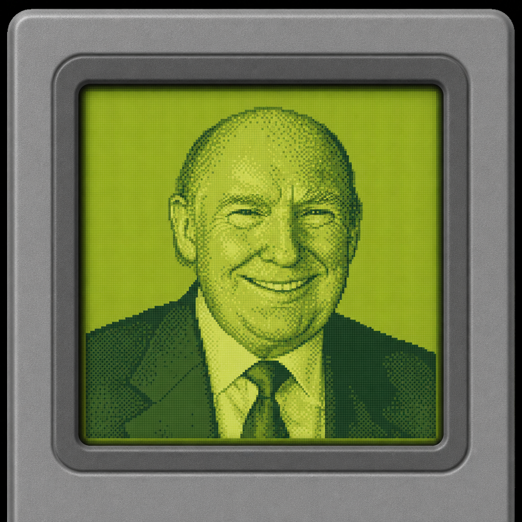 Square dot-matrix LCD portrait of the bald figure smiling