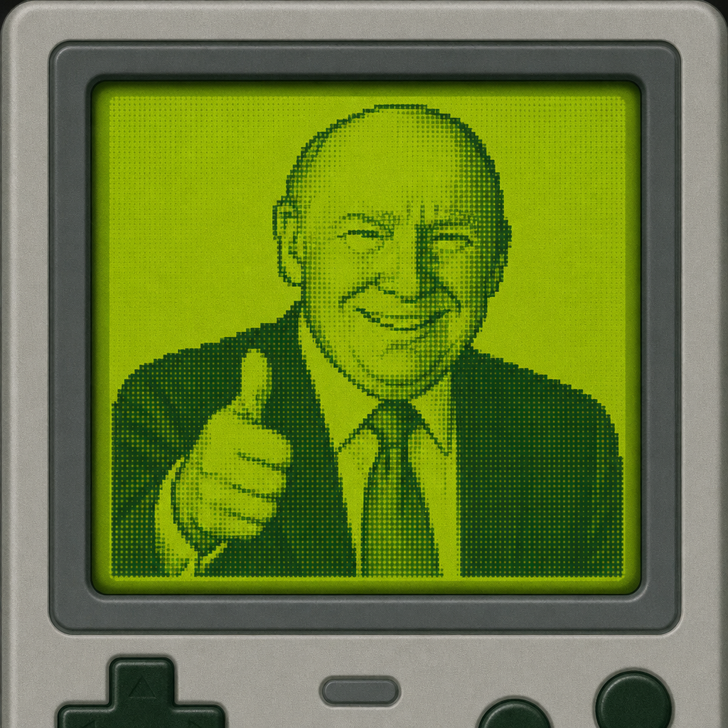 Dot-matrix portrait of the bald figure giving a thumbs up