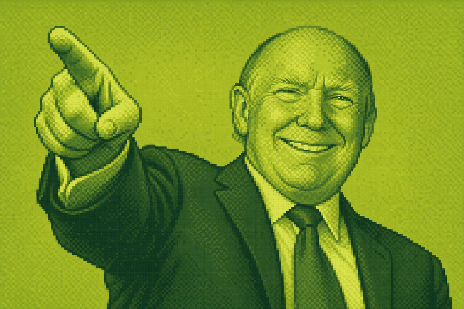 Wide pixel-art banner of the bald figure pointing straight at the viewer