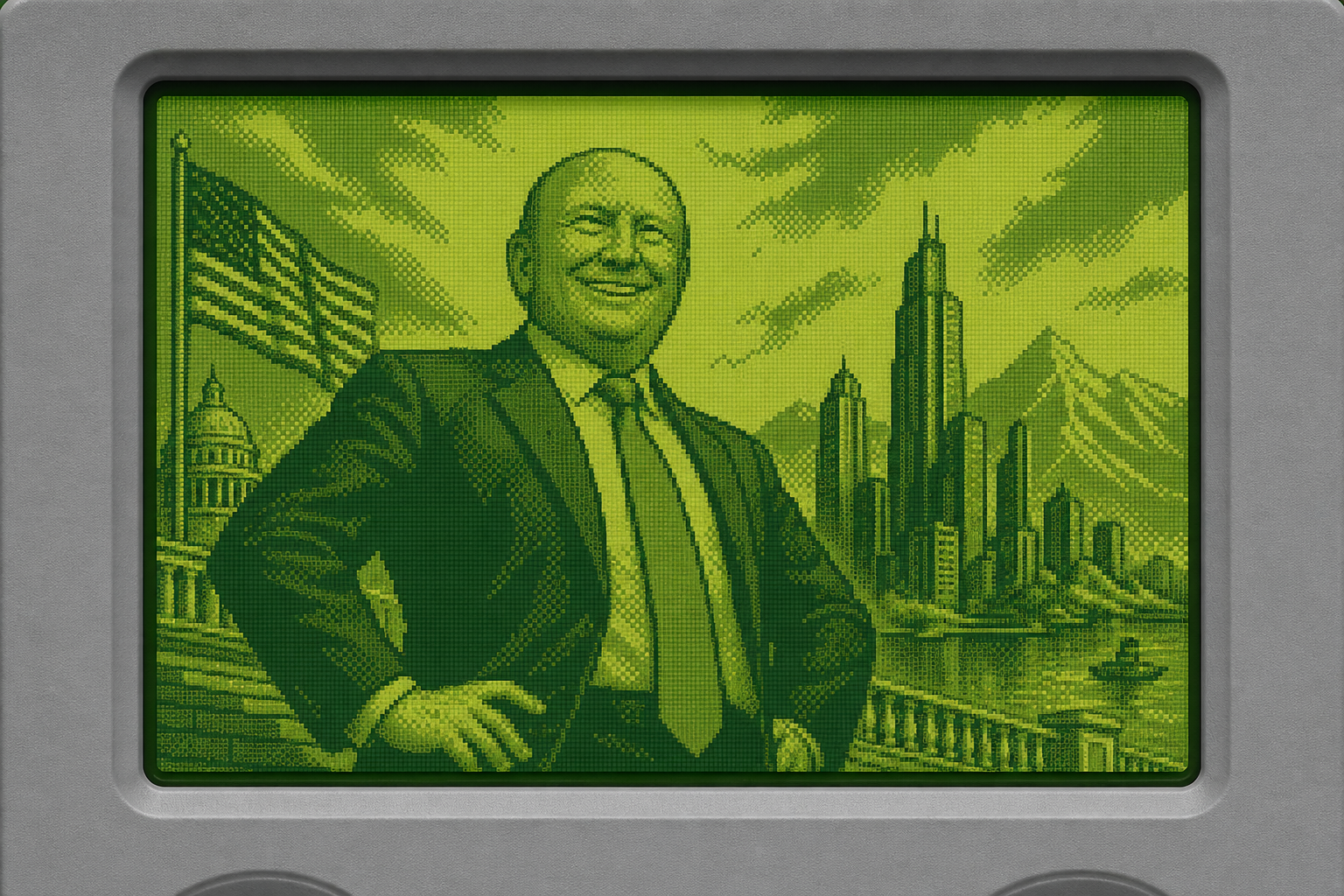 Wide pixel-art scene of the bald figure with a flag, capitol dome, and skyline behind him